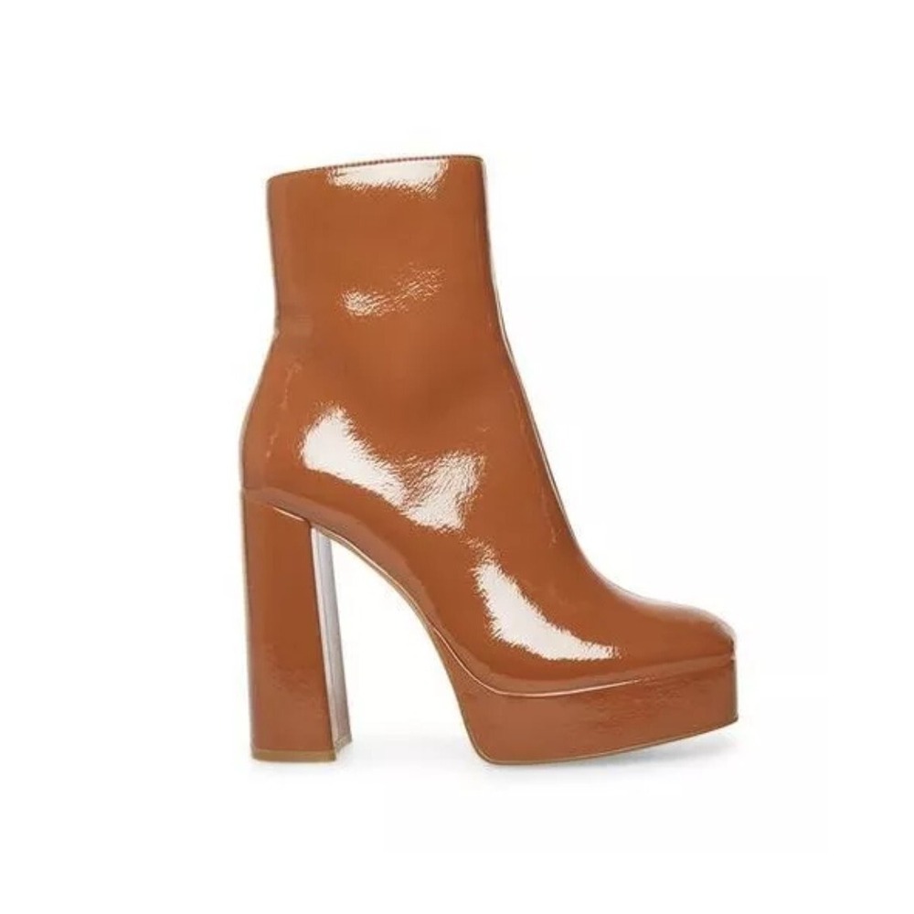Steve Madden Luisina Cognac Patent Square Toe Block Heel Ankle Boot 9.5 LUIS02S1